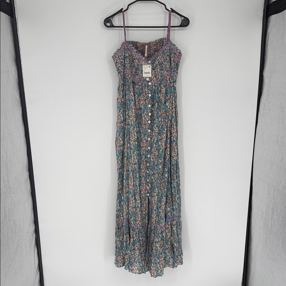 Free People NWT Floral Smocked Button Midi Dress Size L Blossom Combo Boho - Picture 2 of 9